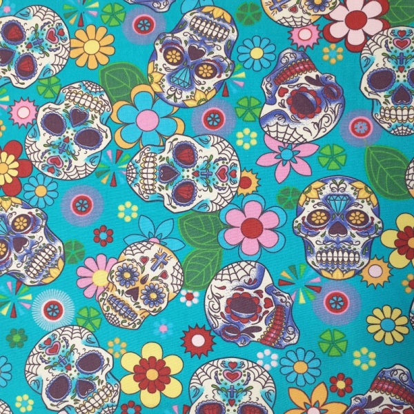 100% Cotton MULTI SKULLS on TURQUOISE