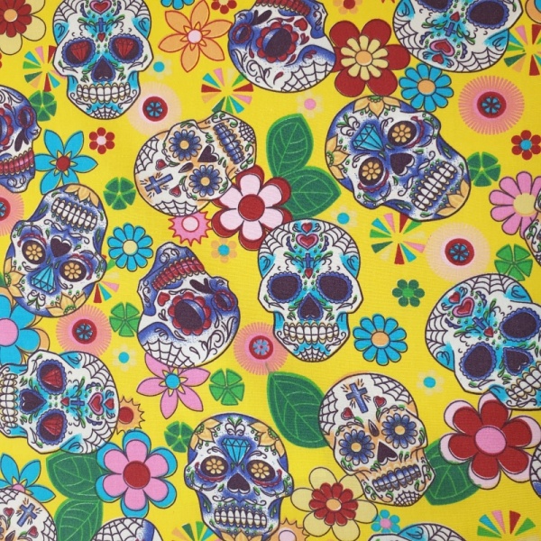 100% Cotton MULTI SKULLS on YELLOW