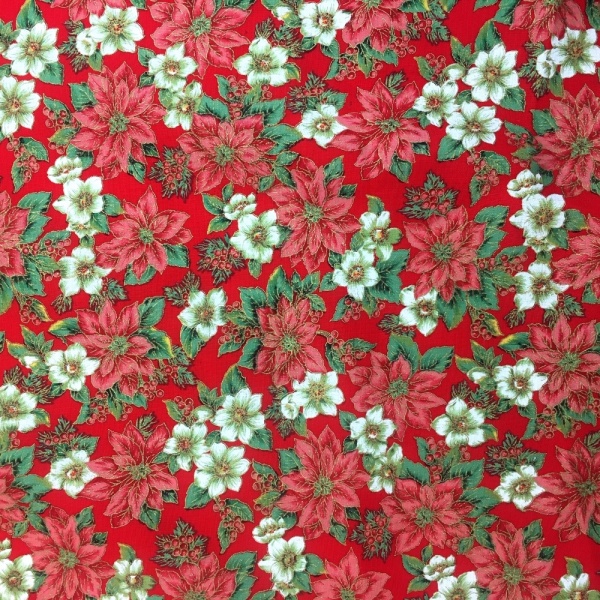 100% Cotton Poinsettia on RED