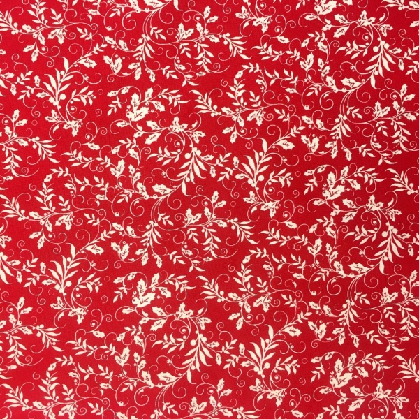 100% Cotton White Foliage on RED