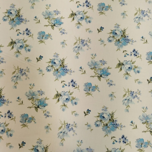 Floral Poplin Design 27 Sky Blue Flowers on Ivory