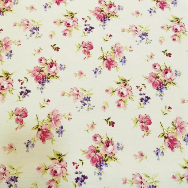 Floral Poplin Design 27 Pink Flowers on Ivory