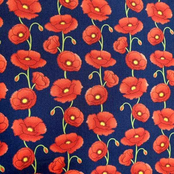 Floral Poplin Design 25 RED POPPIES ON NAVY