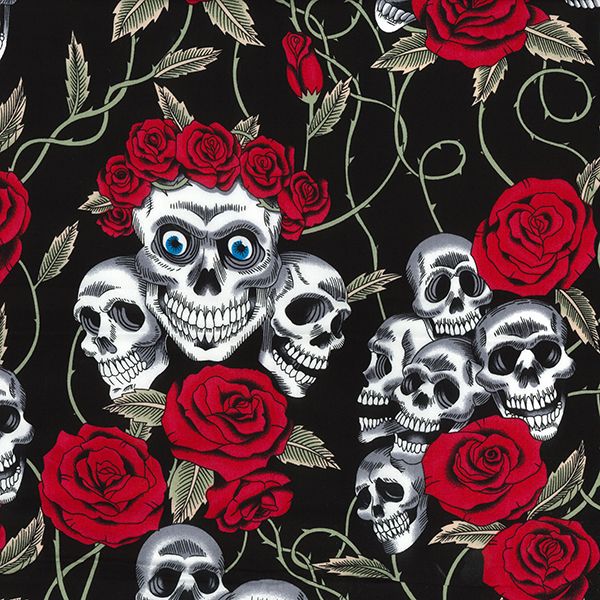 100% Cotton SKULLS & ROSES on BLACK