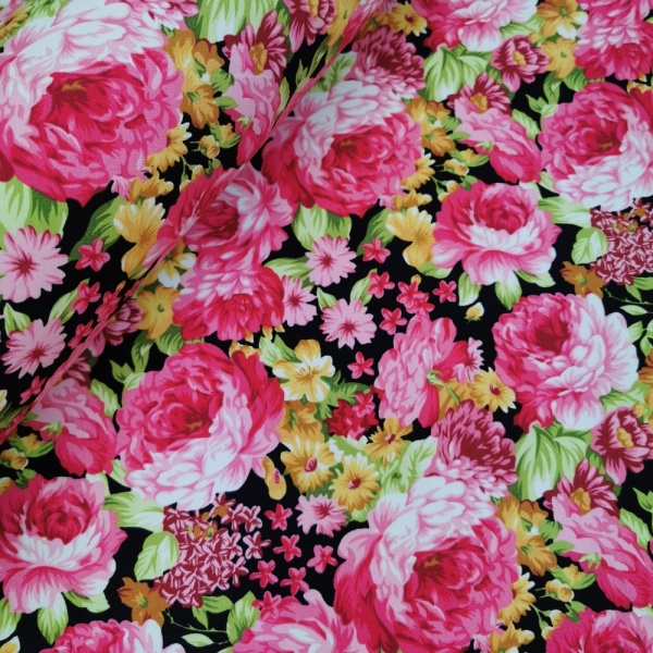 Floral Poplin Design 7 FLOWERS on BLACK