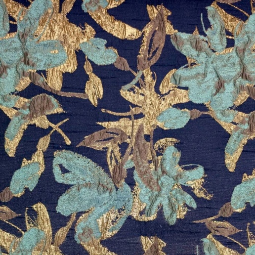 Tela India Banarasi Jacquard Estampado Floral Con Hojas Doradas - 44 Pulgadas De Ancho, Azul Marino