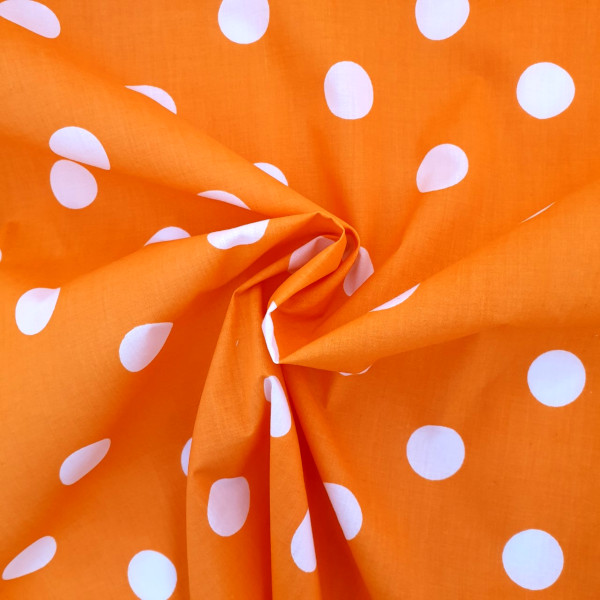 Polycotton Polkadots WHITE on ORANGE